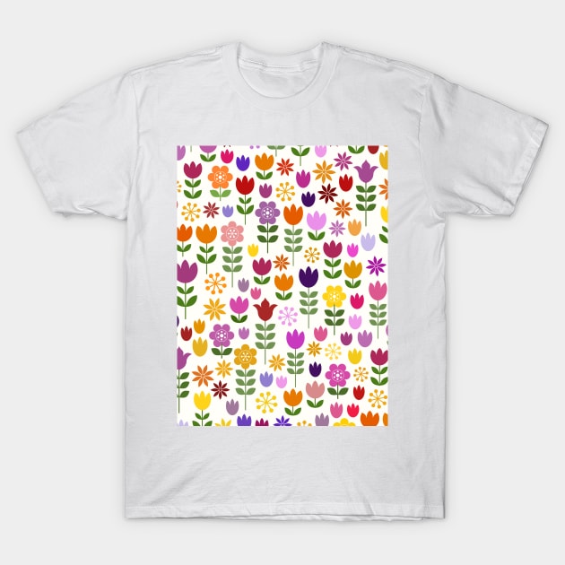 Scandinavian Style Colorful Flowers Pattern T-Shirt by NataliePaskell